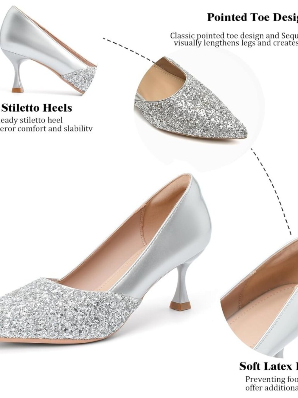 Women's Silver Kitten High Heels 2 Inch Sequin Pointed Toe Leather Pumps Shoes - Picture 6 of 6